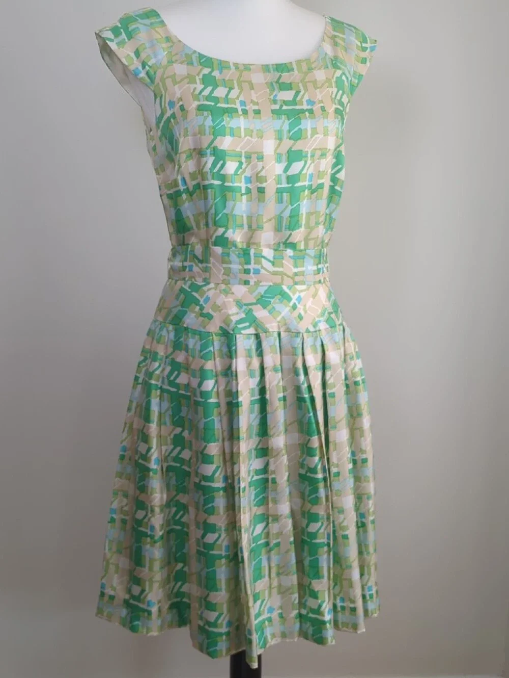 Kate Spade New York Retro Mint Green Plaid 100% Silk Fit & Flare Dress SIZE 6